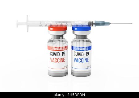 Zwei Fläschchen Coronavirus-Impfstoff mit einer Spritze. Glasflaschen mit roten und blauen Verschlüssen. Zweistufige Injektion gegen das COVID-19-Virus. 3D-Rendering Stockfoto