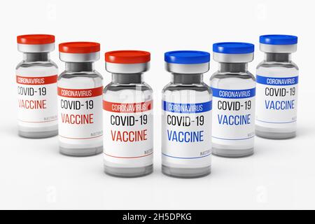 Sechs Fläschchen mit Coronavirus-Impfstoff. Glasflaschen mit roten und blauen Verschlüssen. Zweistufige Injektion gegen das COVID-19-Virus. 3D-Rendering Stockfoto