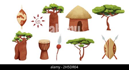 Set afrikanische Hütte mit Strohdach, Baobab Schild mit Speer in Cartoon-Stil isoliert auf weißem Hintergrund. Safari Tribal Sammlung, ländliche Wüste Gebäude. Vektorgrafik Stock Vektor