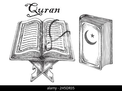 Koran, Islam Religion Heiliges Buch. Uralter Koran, islamische heilige Texte. Muslimische heilige Schriften, Skizzenvektor Illustration Stock Vektor