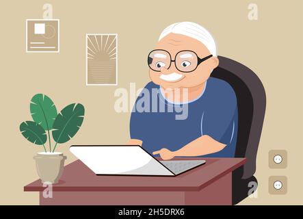 Opa mit Laptop-Vektor. Niedlicher Cartoon-Senior-Mann surft im Internet. Heimbüro und Videokonferenzen für alte Menschen. Stock Vektor