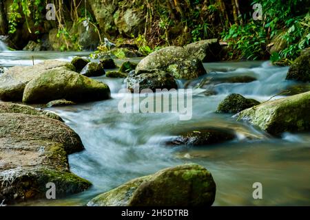 Der Fluss fließt durch die Felsen des Baches im Wald. Eine wunderschöne Landschaft Stockfoto