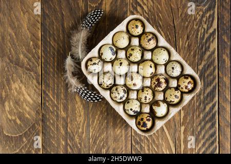 Wachteln Sie kleine Eier in einer Öko-Box aus Pappe mit Zellen auf einem Holztisch. Zwei Stifte nebeneinander. Draufsicht. Eine Kopie des Raumes Stockfoto