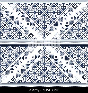 Bosnien und Herzegowina traditionelle Zmijanski vez Kreuzstich-Stil Vektor nahtlose Muster, geometrische marineblaue Volkskunst Ornament Stock Vektor