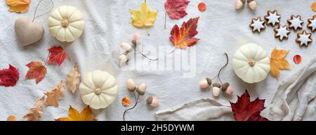 Weiße, natürliche Herbstdekorationen mit Platz zum Kopieren. Flach auf weißem Textil legen, Platz für Text. Kürbisse, trockene Blätter und Vogelbeeren, Sternkekse Stockfoto