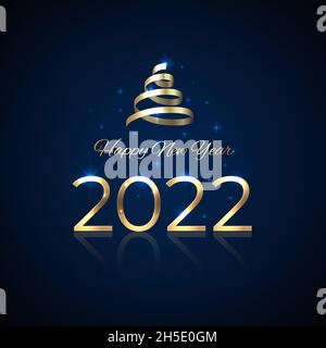 2022 Neujahr. Glänzend golden 2022 mit Band auf blauem Hintergrund. Glänzendes goldenes Logo. Weihnachtskarte. Dekoration für Party-Events. Design für das neue Jahr Stock Vektor
