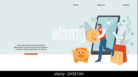 Geld sparen und Online-Banking-Geschäftskonzept für Website. Stock Vektor