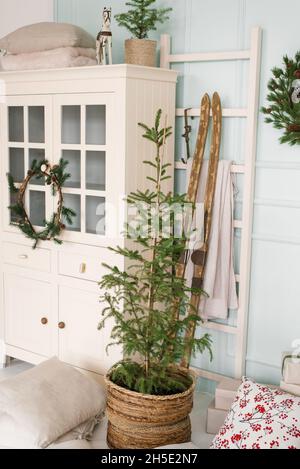 Weihnachtsbaum in einem Korb in der Nähe eines weißen Wandschranks im Wohnzimmer oder Kinderzimmer Stockfoto