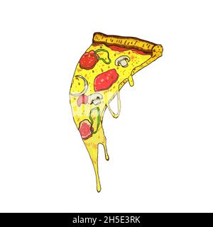 Scheibe Pizza mit geschmolzenem Käse, Tomaten und Pilzen. Vektorgrafik. Ungesunde Fast Food. Nettes Bild von einem Stück Pizza. Stock Vektor