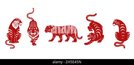 Chinesisches Neujahr 2022 Jahr des Tigers - Sammlung von roten traditionellen chinesischen Tierkreis Symbol, Illustrationen, Kunst Elemente. , Lunar Neujahr Konzept Stock Vektor