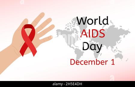 Welt-Aids-Tag 1. Dezember. Menschliche Hand mit rotem Bewusstseinsband und Weltkarte. Vektordarstellung. Stock Vektor