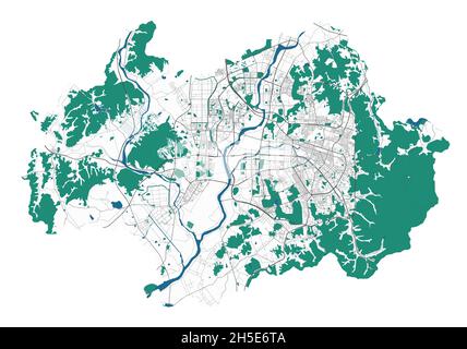 Gwangju-Vektorkarte. Detaillierte Karte des Verwaltungsgebiets der Stadt Gwangju. Stadtbild-Panorama. Lizenzfreie Vektorgrafik. Übersichtskarte mit Autobahnen, Stock Vektor