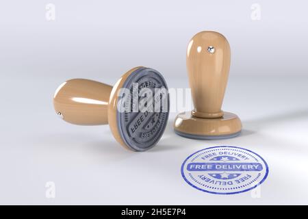 Stempel für kostenlose Lieferung. Runder Holzstamper und Stempel mit Text zertifiziert auf weißem Hintergrund. 3d-Illustration. Gummistempel. Stockfoto
