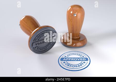 Genehmigter Stempel. Runder Holzstamper und Stempel mit Text zertifiziert auf weißem Hintergrund. 3d-Illustration. Gummistempel. Stockfoto