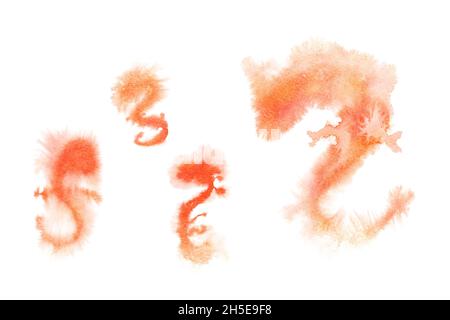 Silhouette der asiatischen Drachenmalerei auf weißem Hintergrund, natürliche orange Aquarell-Illustration, abstrakte Kunst Stockfoto