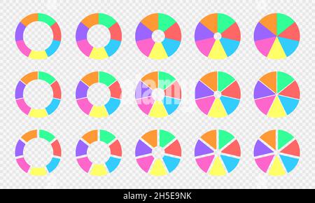 Bunte Torten- und Donut-Diagramme, die in 7 Abschnitte unterteilt sind. Kreisdiagramme, Infografik-Radsatz. Runde Formen, die in sieben gleiche Teile isoliert auf transparentem Hintergrund geschnitten werden. Vektorgrafik flach. Stock Vektor