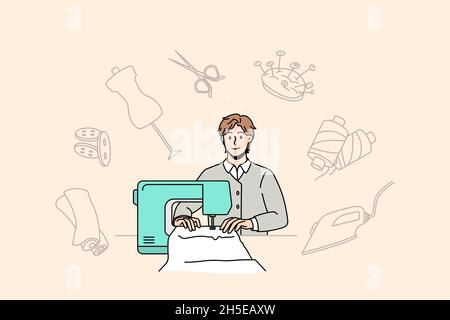 Mann Schneidermeister arbeiten an Nähmaschine Design neue Wäscheleine in der Werkstatt. Lächelnder männlicher Designer oder Schneiderei in Modeatelier oder Atelier. Stilvolles, stilvolles Konzept. Vektorgrafik. Stock Vektor