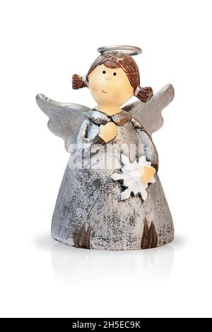 Vintage Figur von lustigen Weihnachtsengel Mädchen mit Schneeflocke. Isoliert auf weißem Hintergrund. Stockfoto