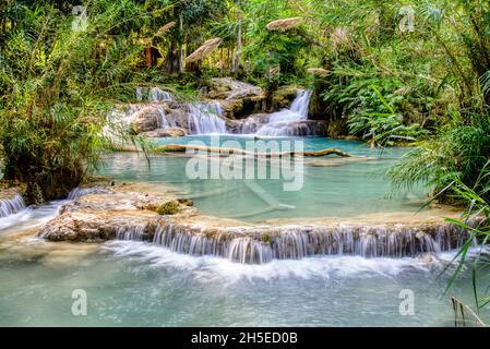 Blick auf die Kuang Si Falls, Luang Prabang in Laos Stockfoto