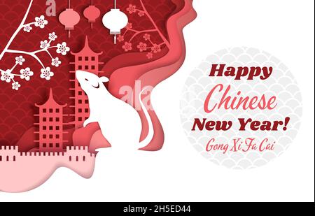 Chinesisches Neujahr 2020, Vektorgrafik im Papierkunststil Stock Vektor
