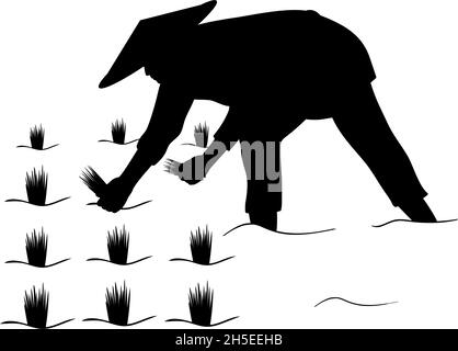 Silhouette asiatische Landwirt arbeitet in Reis Pflanzen. Stock Vektor