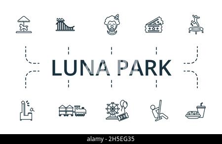 Luna Park Symbol gesetzt. Sammlung von einfachen Elementen wie Kinderzug, Schloss, 13, Tickets, Achterbahn, Fastfood. Stock Vektor