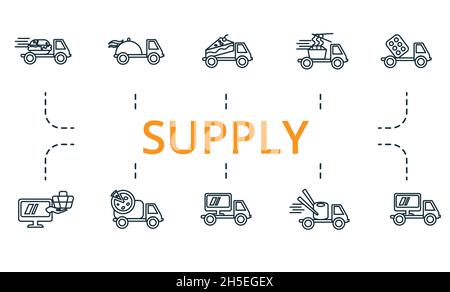 Zubehörsymbol eingestellt. Sammlung von einfachen Elementen wie die Lieferung von Lebensmitteln, Nudellieferung, Kuchenlieferung, Elektronik-Lieferung, Sport-Food-Lieferung Stock Vektor