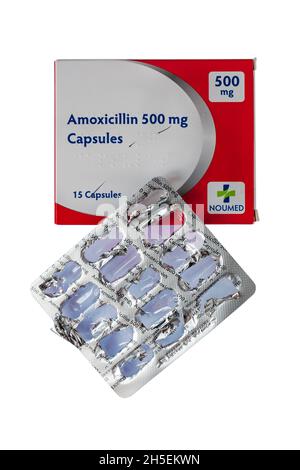 Gebrauchte Packung Amoxicillin Kapseln 500 mg Noumed Antibiotika zur Behandlung einer Reihe von bakteriellen Infektionen - Antibiotika-Kapseln, Antibiotika-Pillen Stockfoto