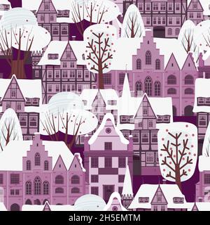 City Winter Nahtloses Muster. Europäische alte Architektur, Häuser Bäume Schnee. Vektorgrafik Stock Vektor