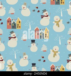 Nahtloses Muster von niedlichen Schneemänner Treffen Winter Stock Vektor