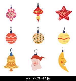 Set von Weihnachtskugeln Spielzeug, Vintage-Kugeln und Dekoration. Vektor-Kollektion Retro-Dekorationen, Falt Cartoon-Stil Stock Vektor