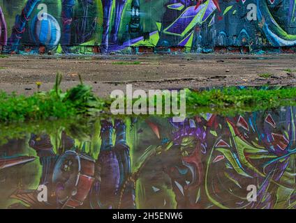 Graffiti an einer Wand spiegelte sich in einer Pfütze wider. Blick auf das Erdgeschoss Stockfoto