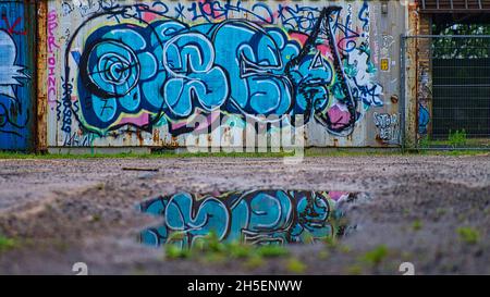 Graffiti an einer Wand spiegelte sich in einer Pfütze wider. Blick auf das Erdgeschoss Stockfoto