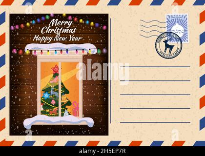 Weihnachten und glückliches neues Jahr Gruß Urlaub Postkarte, Winter Nacht Fenster Weihnachten vintage Hintergrund. Vektor-Illustration Einladungskarte retro Stock Vektor