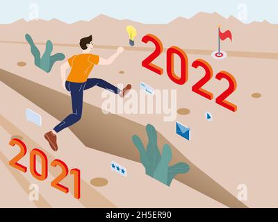 Junger Mann läuft und springt von 2021 auf 2022 Jahre. Erfolg Business, energisch, Herausforderung, Ziel-Konzept. Vektordarstellung isometrische Ebene Stock Vektor