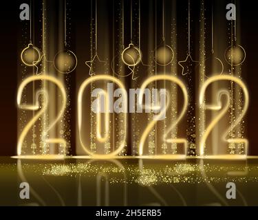 2022 Neujahr glänzend Gold Farbe glänzend Zahlen Banner. Realistisches Text-Blitzlicht, goldene Partikel, Glitzer, funkelt Staub, schwarzer Hintergrund. Vektor Stock Vektor