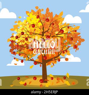 Apfelbaum, ländliche Landschaft. Hallo Herbst, Ernte, reife Früchte auf Baum, Landesniedergang. Vektor Illustration Cartoon Stil Poster Stock Vektor