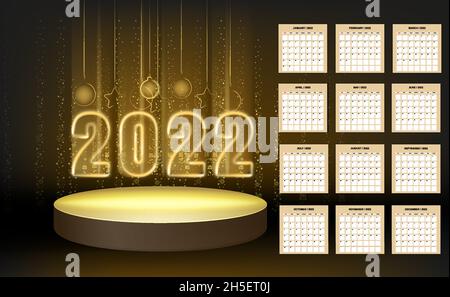 Neujahrskalender 2022 Glänzendes Gold Farbe Glänzendes Zahlen Banner, Bühne Podium. Die Woche beginnt ab Sonntag. Realistisches Text-Blitzlicht, goldene Partikel Stock Vektor