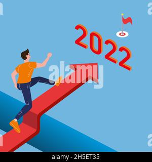 Junger Mann läuft und springt von 2021 auf 2022 Jahre. Erfolg Business, energisch, Herausforderung, Ziel-Konzept. Vektor-Illustration Cartoon flach Stock Vektor