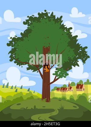 Green Tree Oak, schöne ländliche Landschaft, Bauernhof, Dorf auf Backgriund. Sommer, Frühjahrssasone. Vektor Illustration Cartoon Stil Poster Stock Vektor