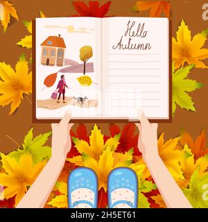 Mädchen hält ein offenes Herbsttagebuch mit Illustrationen täglich Notizblock, Eichel, Herbstblätter. Hintergrund Haufen von bunten Herbstblättern . Vektor Stock Vektor