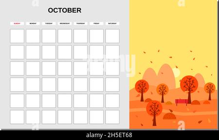Kalenderplaner Oktober Monat. Minimalistische Landschaft natürliche Hintergründe Herbst. Monatliche Vorlage für das Tagebuchgeschäft. Vektor isoliert Stock Vektor