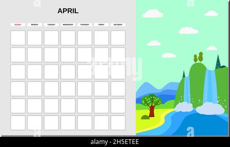 Kalenderplaner April Monat. Minimalistische Landschaft natürliche Hintergründe Frühling. Monatliche Vorlage für das Tagebuchgeschäft. Vektor isoliert Stock Vektor