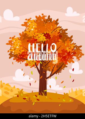 Herbstbaum farbenfroh, Herbsthintergrund ländliche Landschaft, gelb orange Blätter. Schriftzug Hello Autumn, Poster, Banner. Vektorgrafik Stock Vektor
