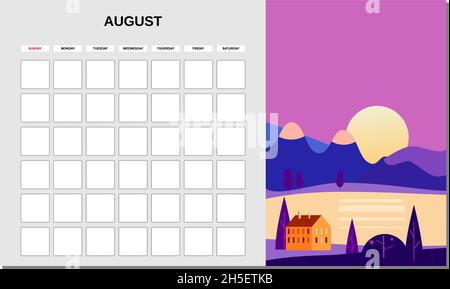 Kalenderplaner August Monat. Minimalistische Landschaft natürliche Hintergründe Sommer. Monatliche Vorlage für das Tagebuchgeschäft. Vektor isoliert Stock Vektor