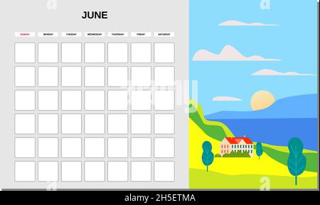 Kalenderplaner Juni Monat. Minimalistische Landschaft natürliche Hintergründe Sommer. Monatliche Vorlage für das Tagebuchgeschäft. Vektor isoliert Stock Vektor