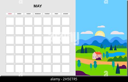 Kalenderplaner Mai Monat. Minimalistische Landschaft natürliche Hintergründe Frühling. Monatliche Vorlage für das Tagebuchgeschäft. Vektor isoliert Stock Vektor