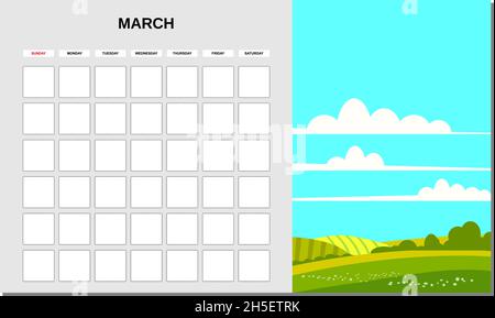 Kalenderplaner März Monat. Minimalistische Landschaft natürliche Hintergründe Frühling. Monatliche Vorlage für das Tagebuchgeschäft. Vektor isoliert Stock Vektor