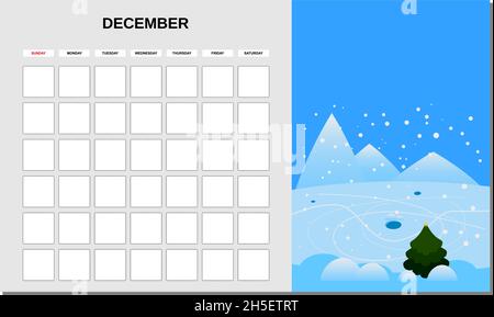 Kalenderplaner Dezember Monat. Minimalistische Landschaft natürliche Hintergründe Winter. Monatliche Vorlage für das Tagebuchgeschäft. Vektor isoliert Stock Vektor