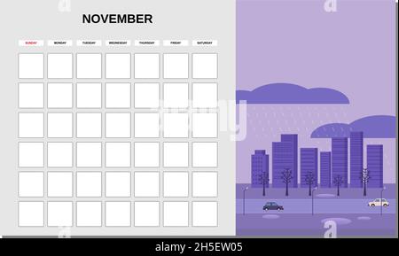 Kalenderplaner November Monat. Minimalistische Landschaft natürliche Hintergründe Herbst. Monatliche Vorlage für das Tagebuchgeschäft. Vektor isoliert Stock Vektor
